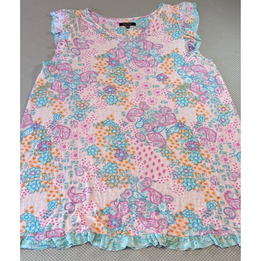 Ellen Tracy Paisley Floral Ruffle Trim Sleeveless Knit Pajama Tunic Dress 2X